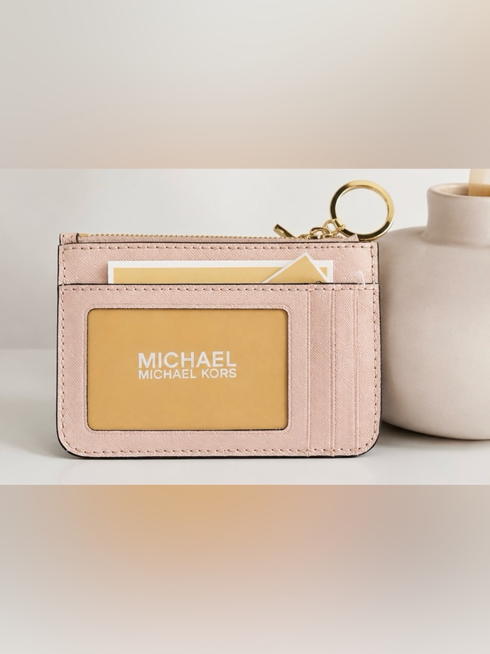NWT Michael Kors Jet Set Travel Powder Blush Leather Card Holder Wallet Keychain - Picture 2 of 5